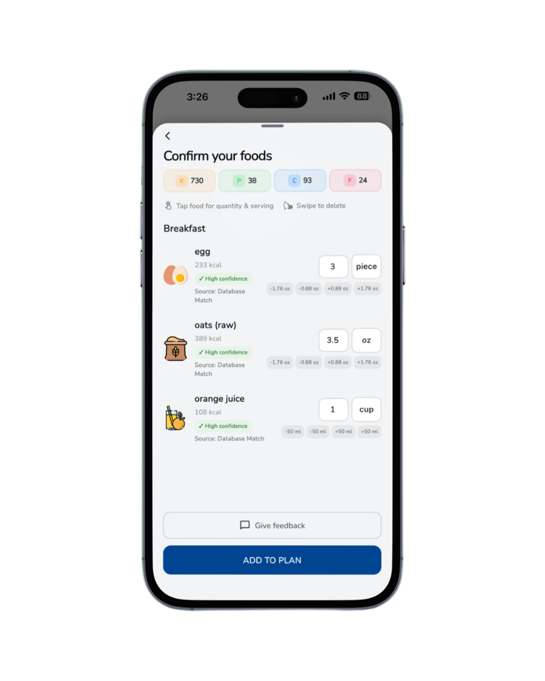 HealFit AI food confirmation screen