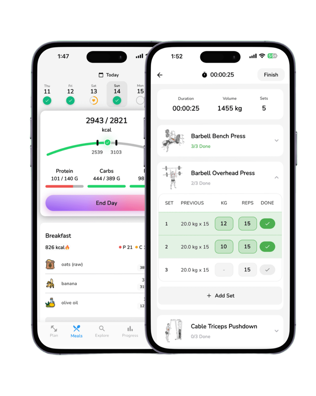 HealFit app showing workouts and meal tracking